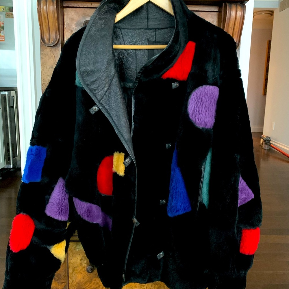 Krizia sheared beaver multi color reversible leather bomber jacket